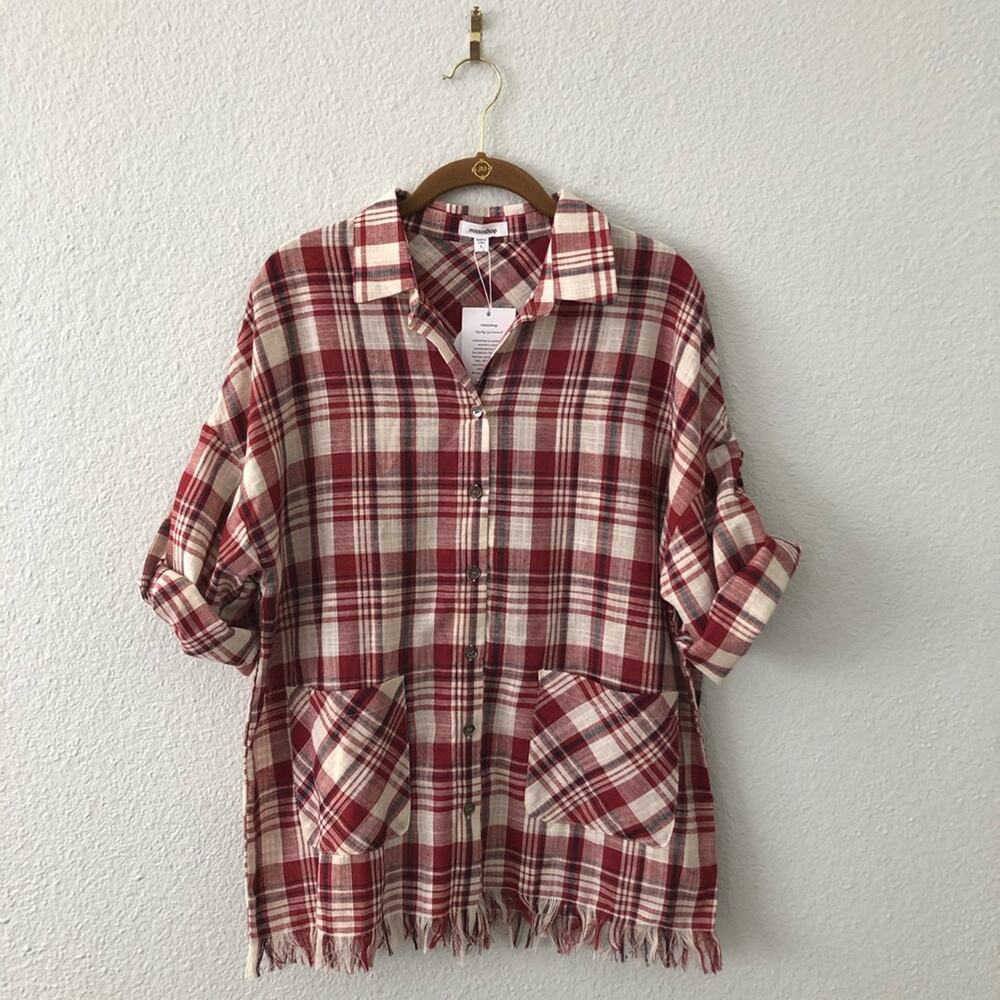 mittoshop Red Cream Plaid Button Down Top NWT